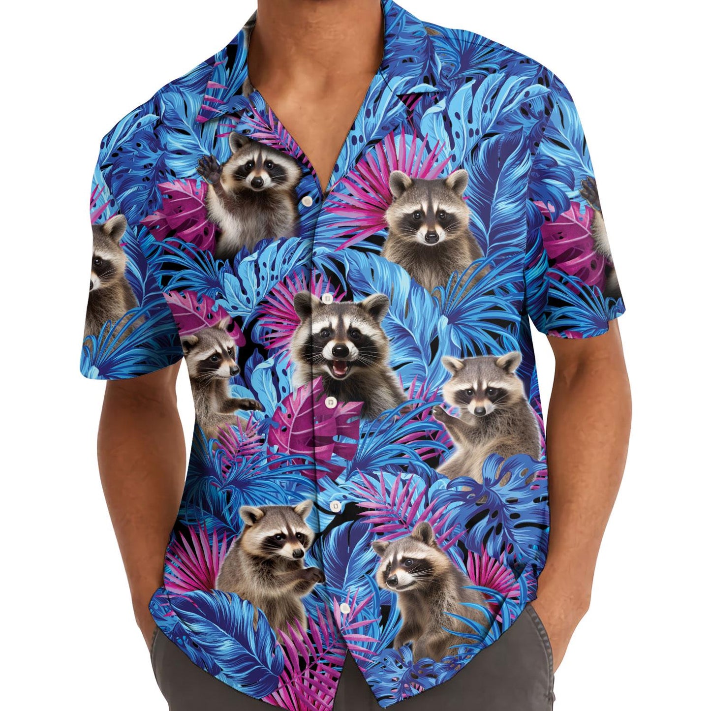 Model wearing a colorful raccoon tropical Hawaiian shirt
