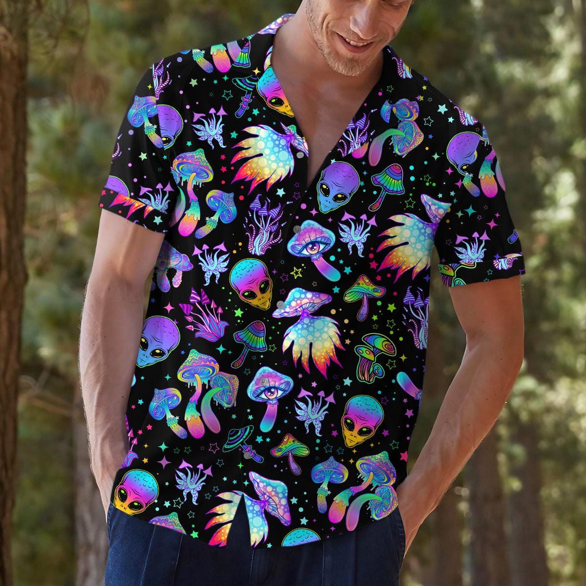 Model wearing psychedelic Hawaiian shirt with colorful cosmic creature print