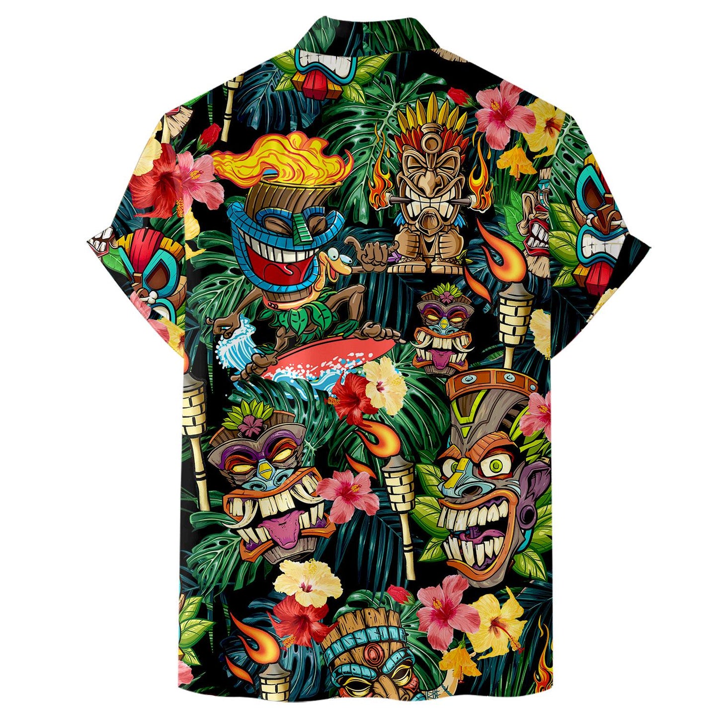 Back view of tropical Hawaiian shirt featuring tiki masks, torches, and hibiscus flowers