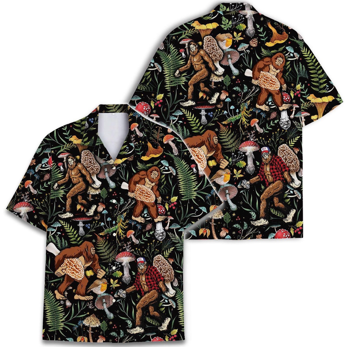Two views of Sasquatch mushroom Hawaiian shirt showing the repeating woodland design