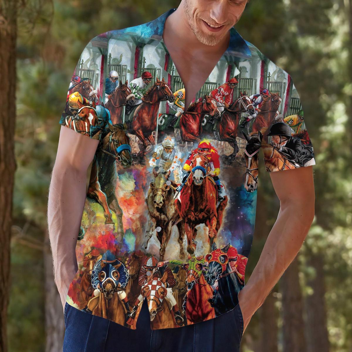 Model wearing a vivid horse racing Hawaiian shirt outdoors