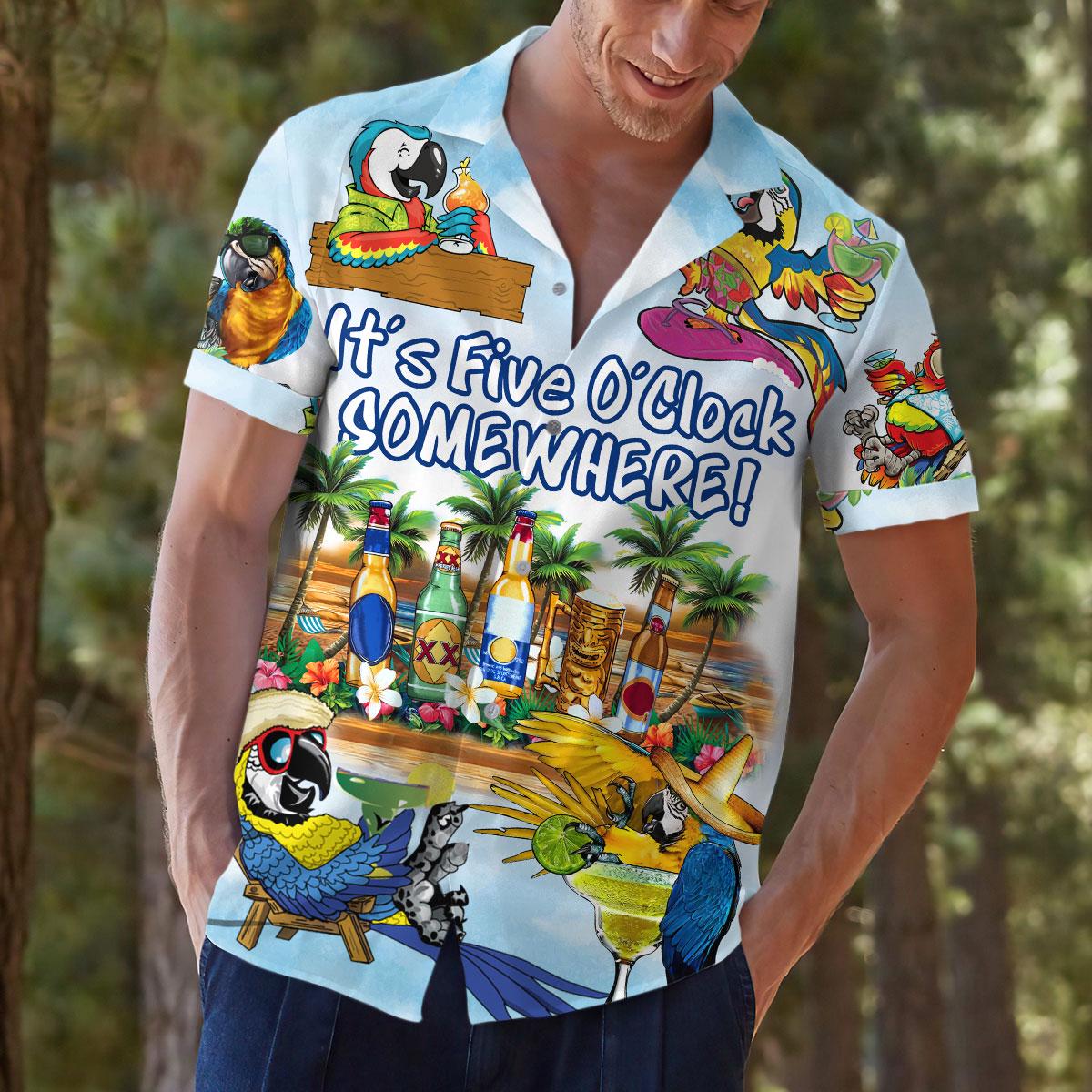 Model wearing Five O'Clock Somewhere parrot Hawaiian shirt outdoors