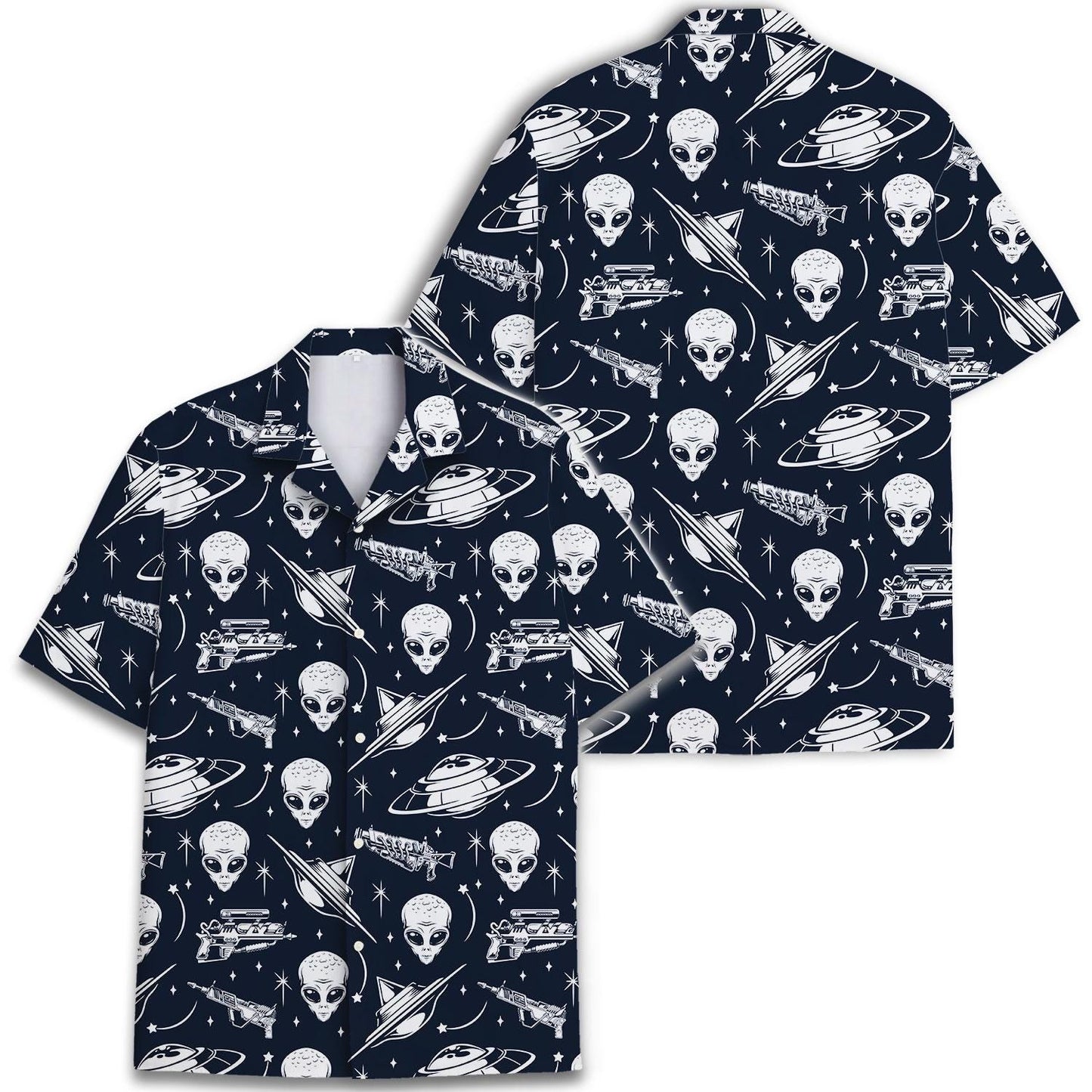 Two views of navy space-themed Hawaiian shirt with repeating alien and UFO print