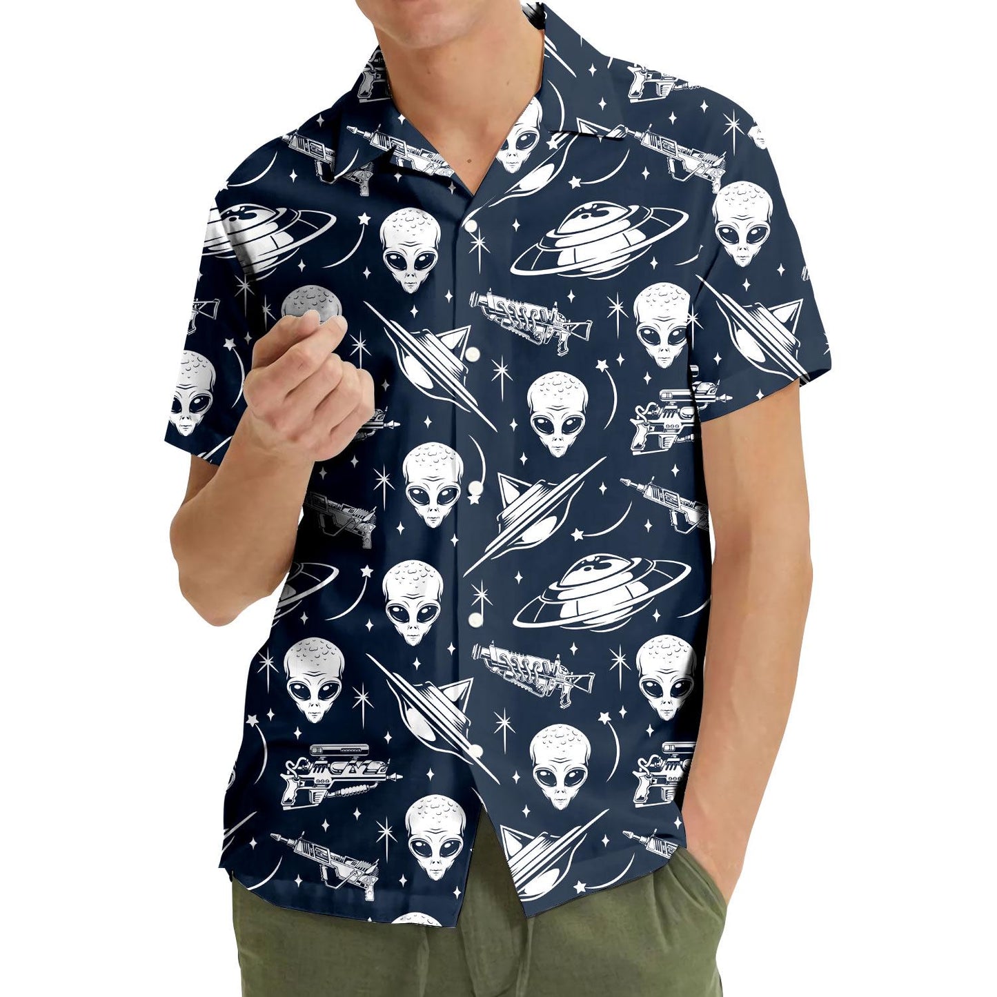Model wearing navy alien UFO Hawaiian shirt with short sleeves