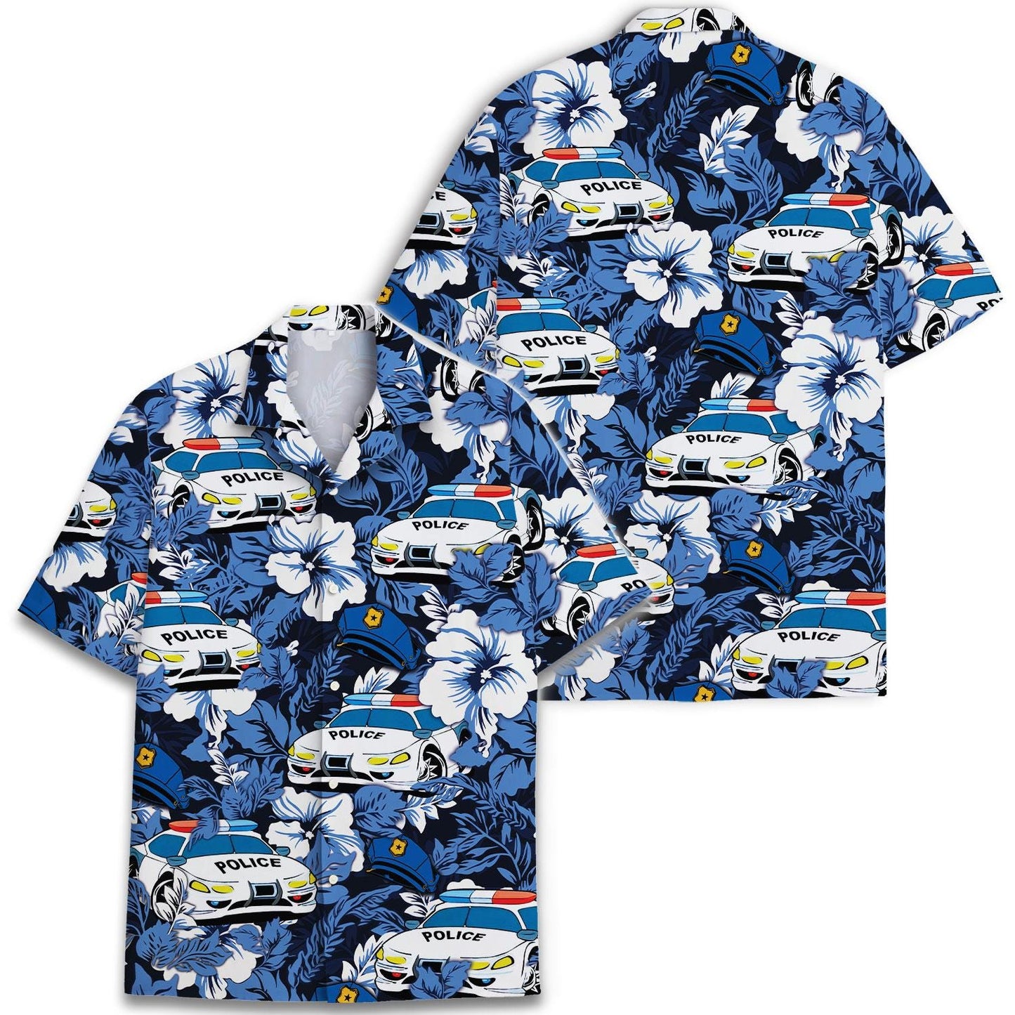 Two matching blue police car floral Hawaiian shirts