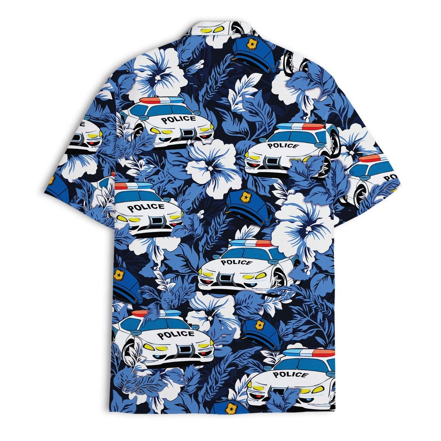 Front view of blue floral police car Hawaiian shirt