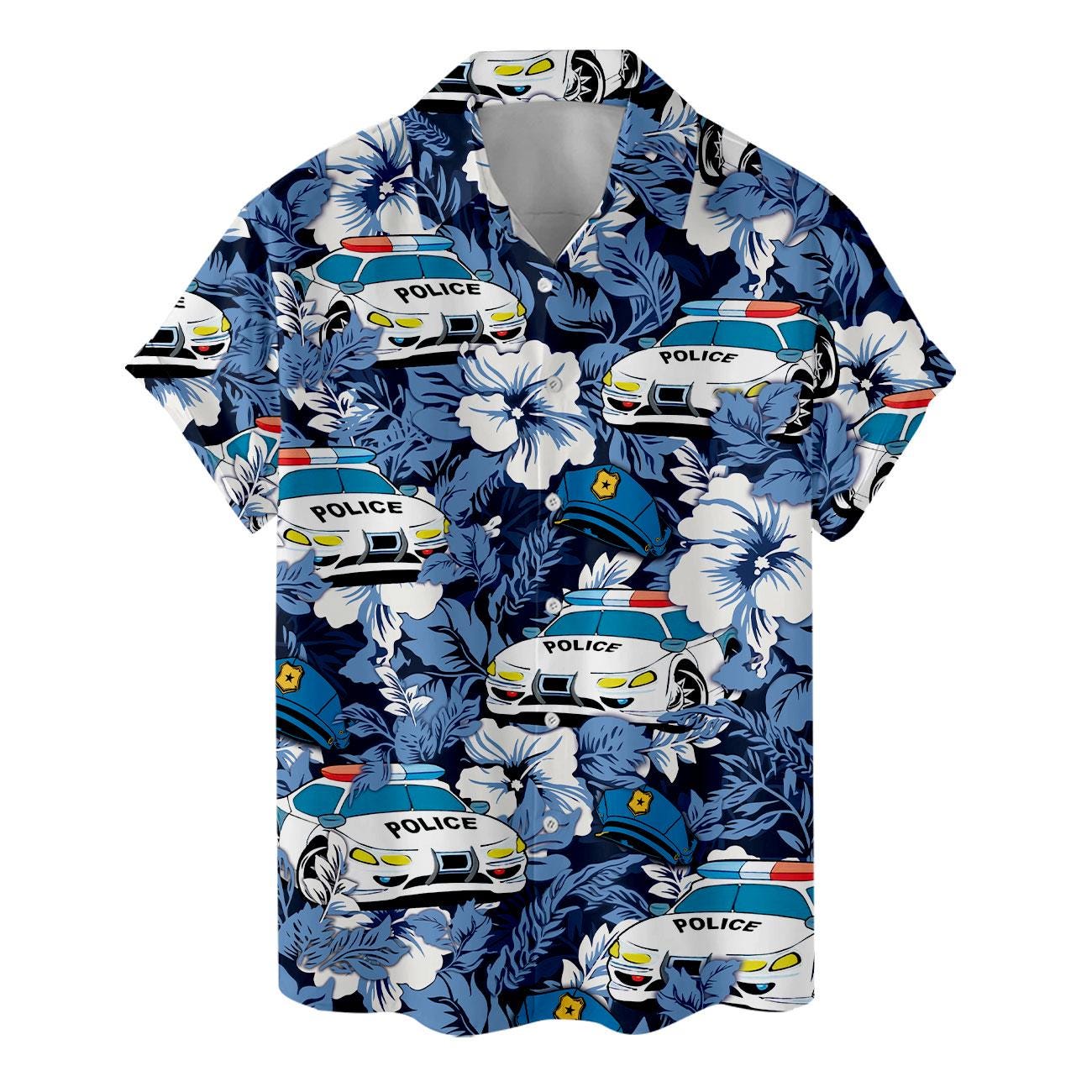 Blue short-sleeve button-up shirt with police car print