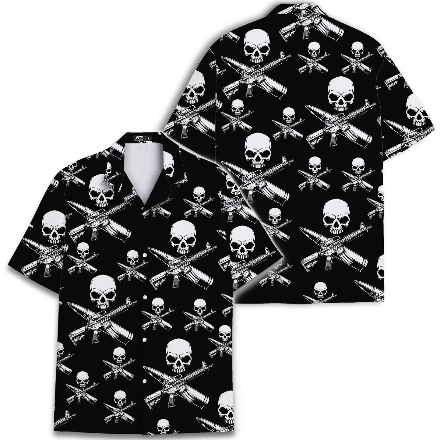 Two views of the black skull and crossed rifle Hawaiian shirt