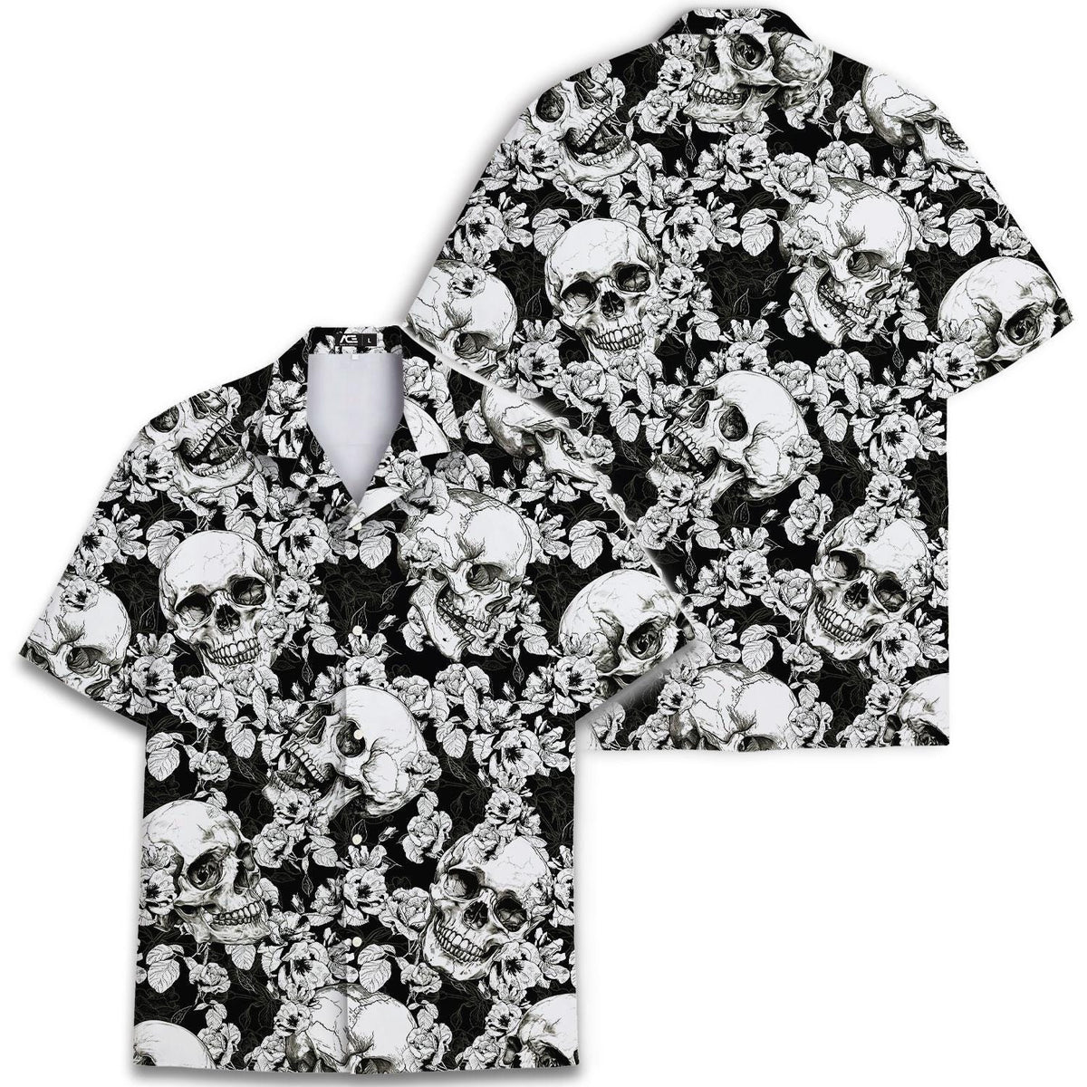Black and white skull Hawaiian shirt shown with front and back views