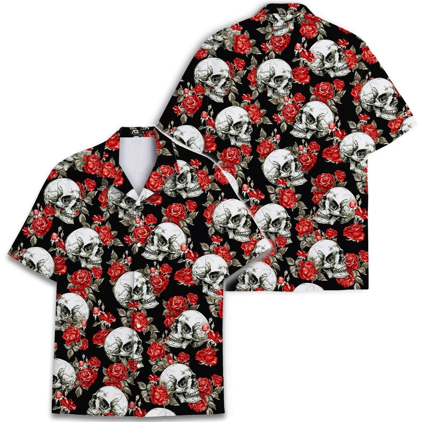 Front and back views of a black skull and rose Hawaiian shirt