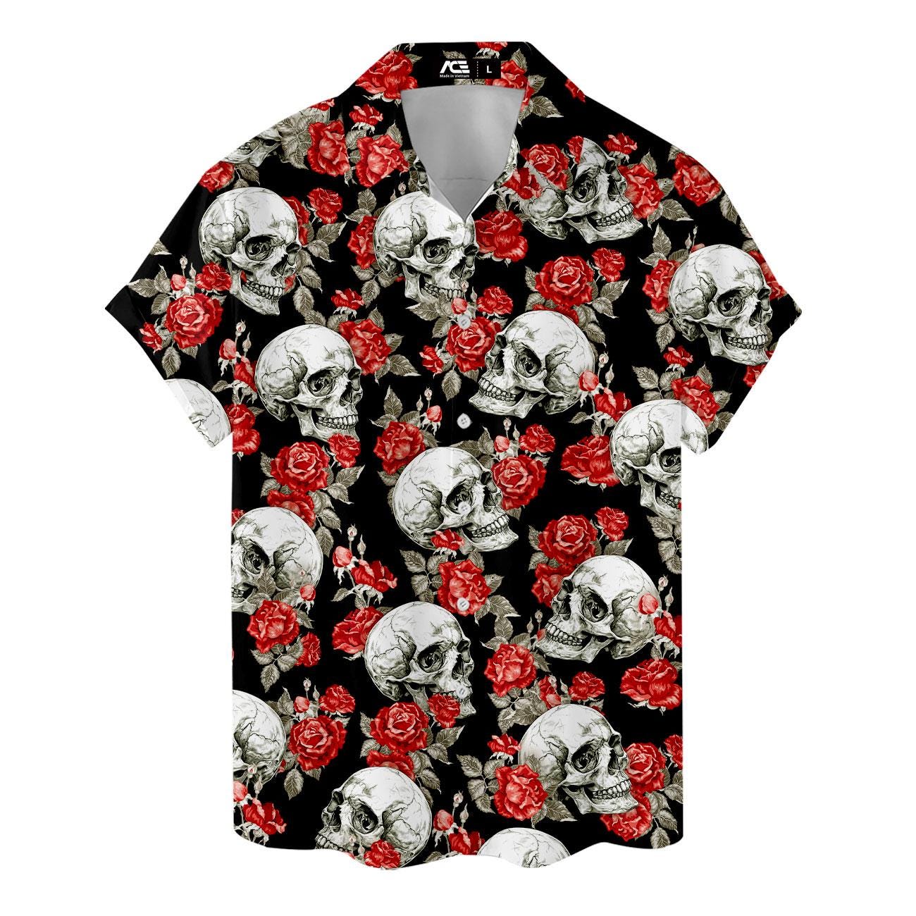 Black button-front Hawaiian shirt featuring skulls and red roses