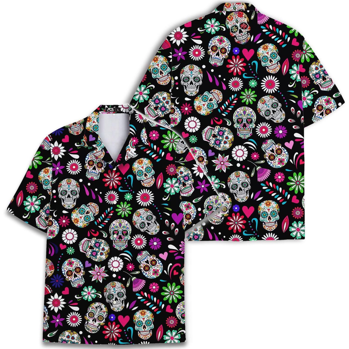 Front and back views of a colorful sugar skull Hawaiian shirt