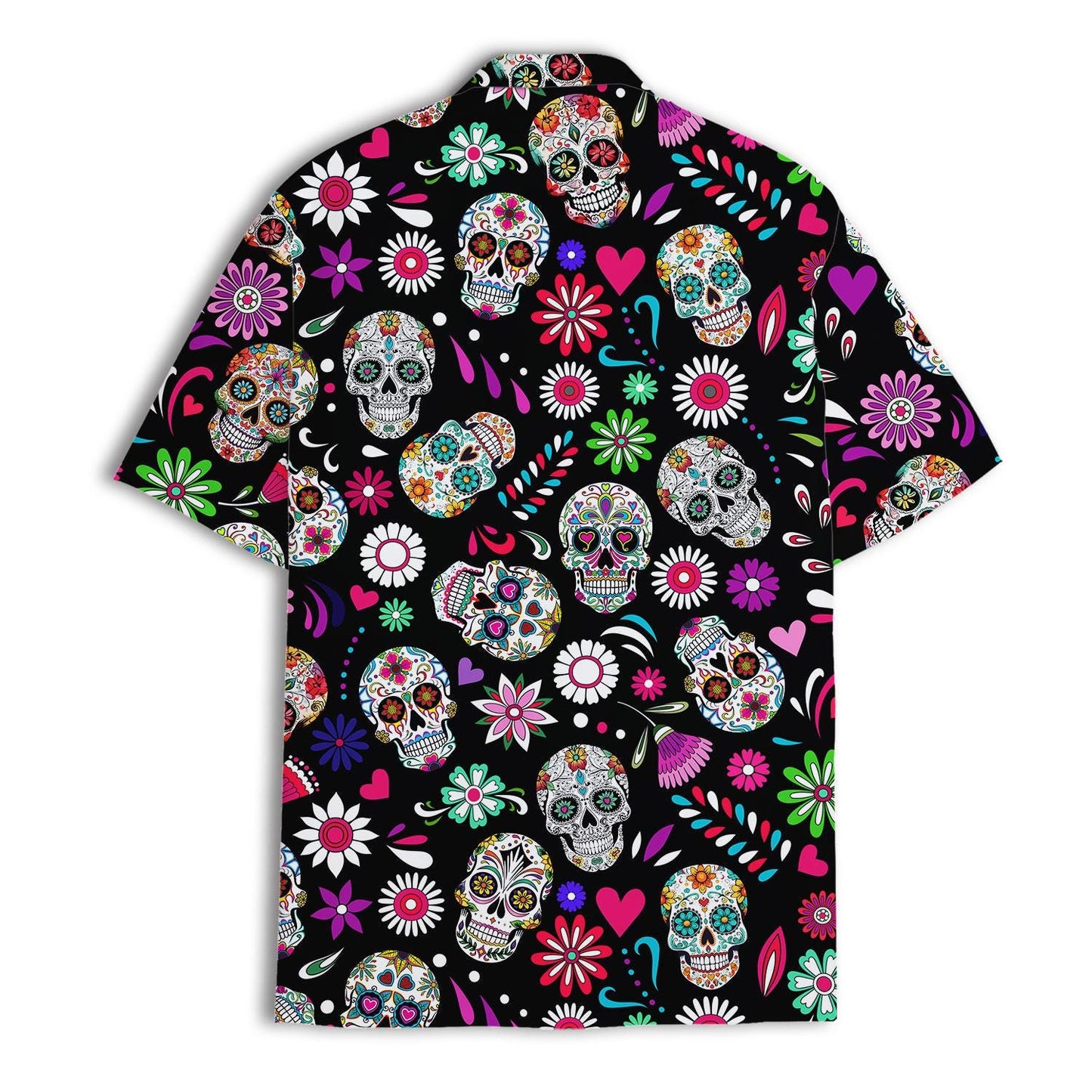 Back view of a black Hawaiian shirt covered in colorful sugar skulls and flowers