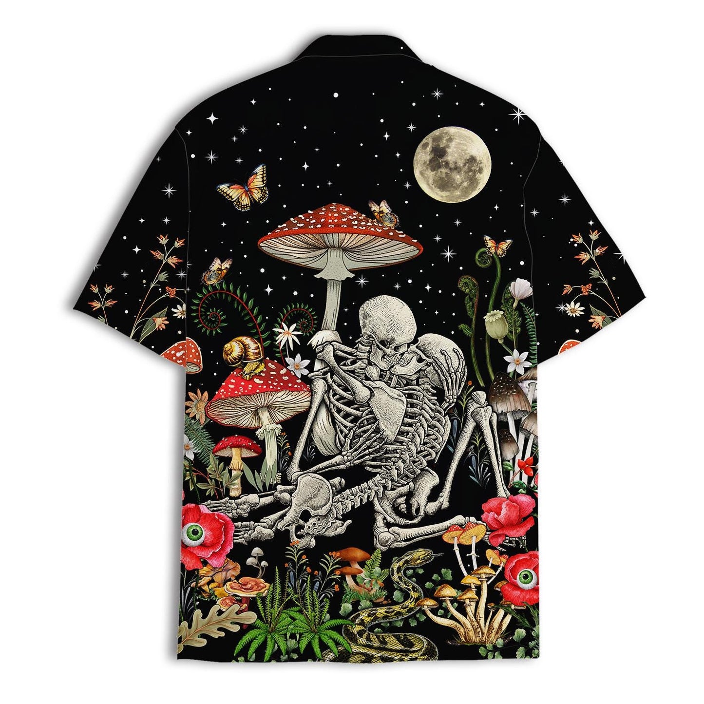 Back view of black Hawaiian shirt with skeleton couple and fantasy forest artwork