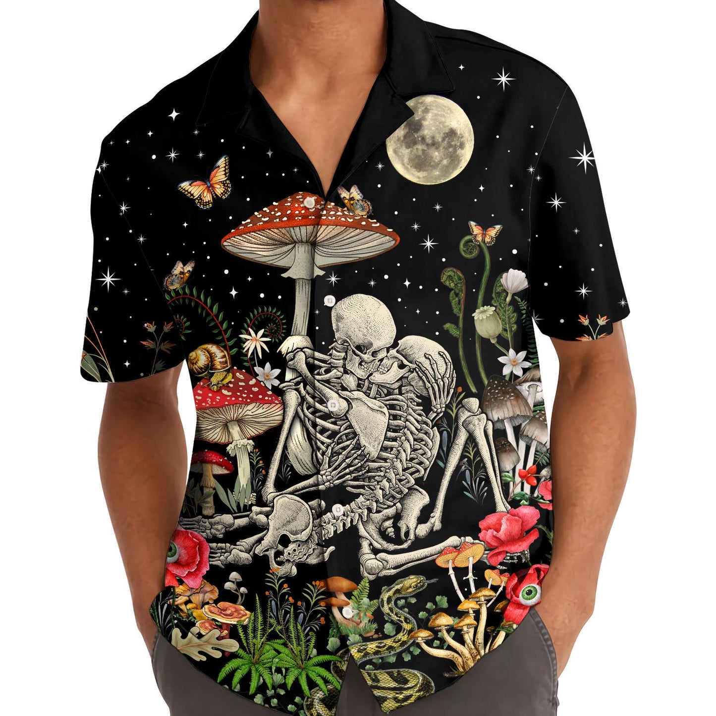 Model wearing black gothic skeleton mushroom Hawaiian shirt