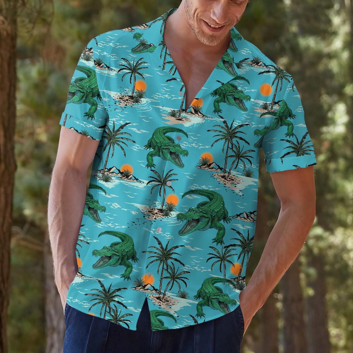 Model showing tropical turquoise Hawaiian shirt with island sunset pattern