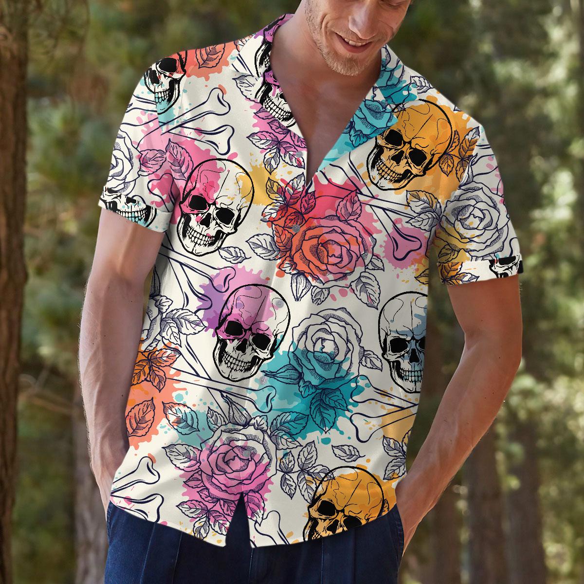 Model outdoors wearing skull and rose short sleeve shirt