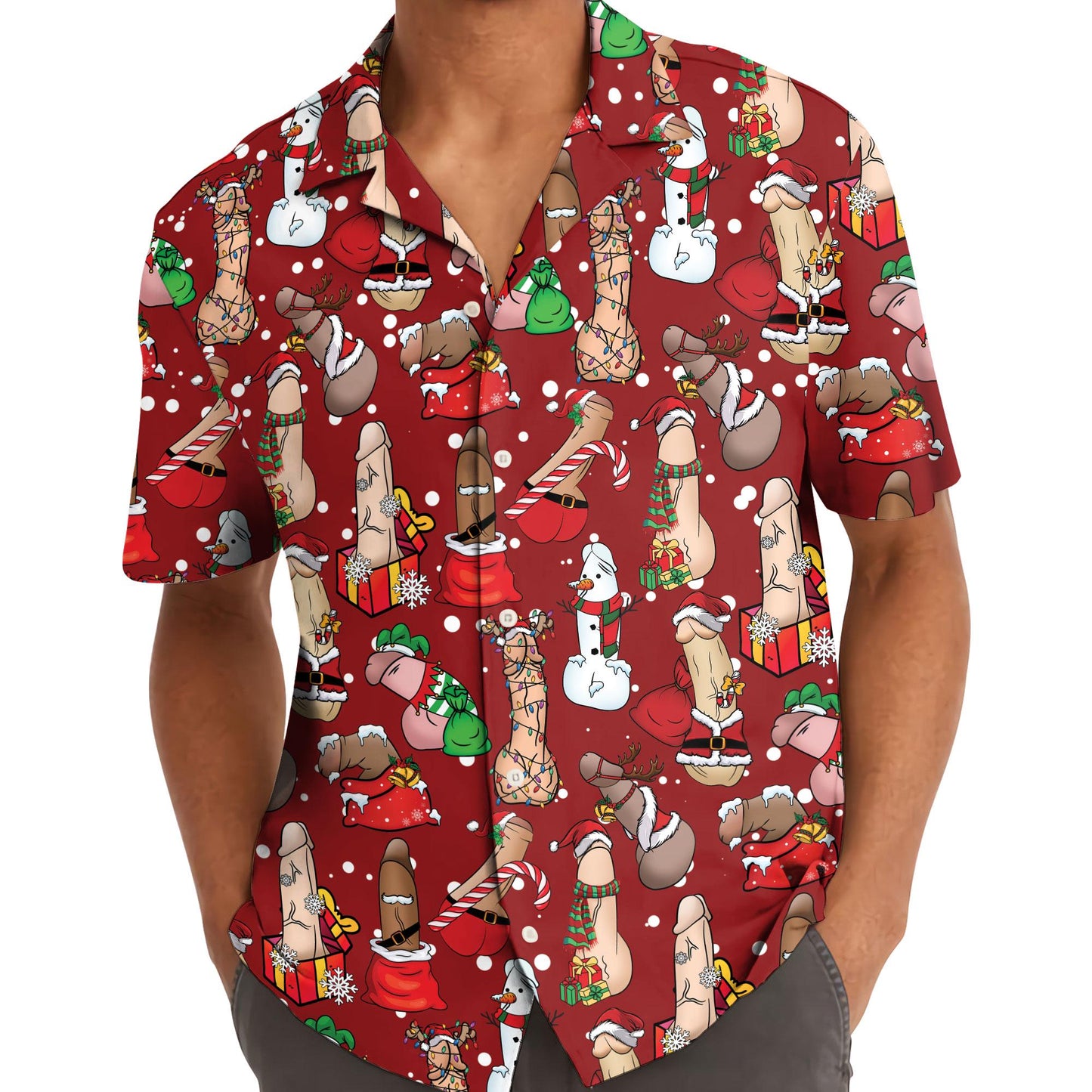 Model wearing a red Christmas character Hawaiian shirt