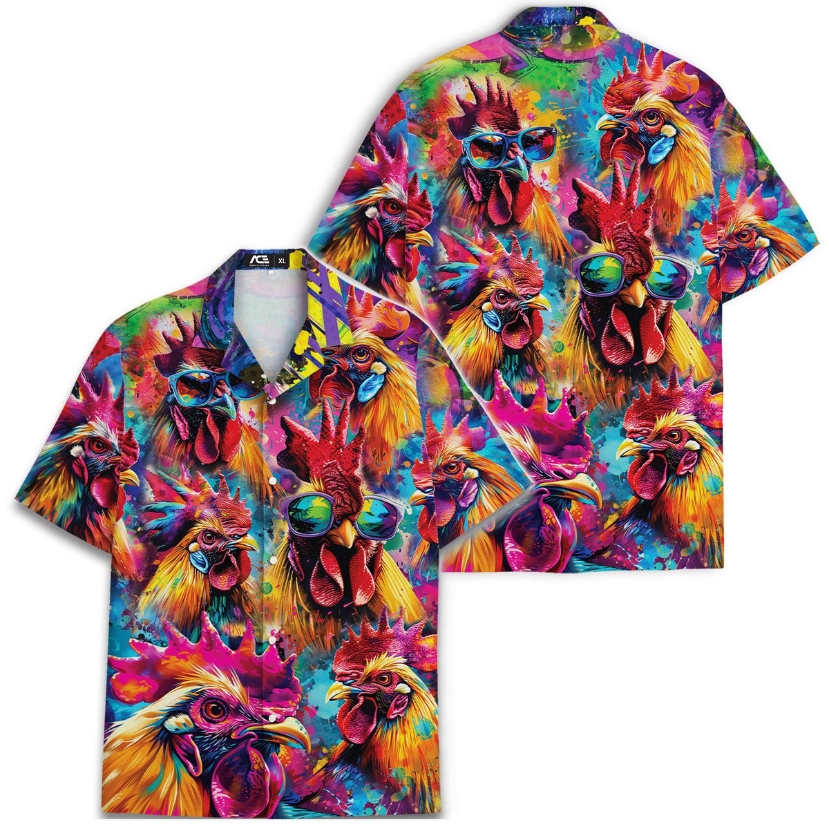 Front and back views of a vibrant all-over rooster Hawaiian shirt
