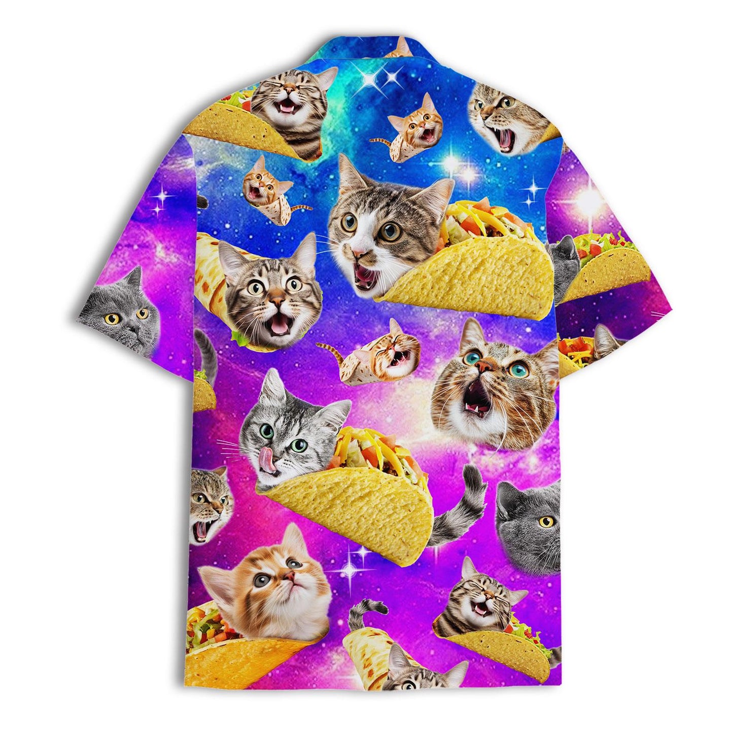 Back view of the cat taco Hawaiian shirt with cats, tacos, and stars