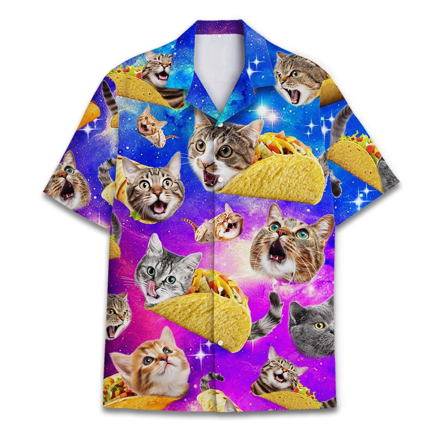 Front view of a colorful cat taco Hawaiian shirt with a galaxy print