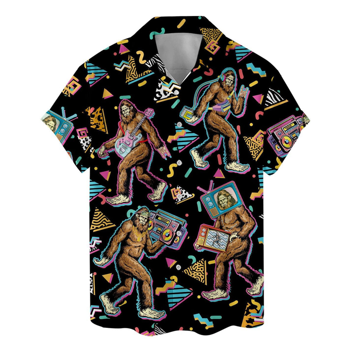 Flat lay front view of a Bigfoot music print Hawaiian shirt with short sleeves