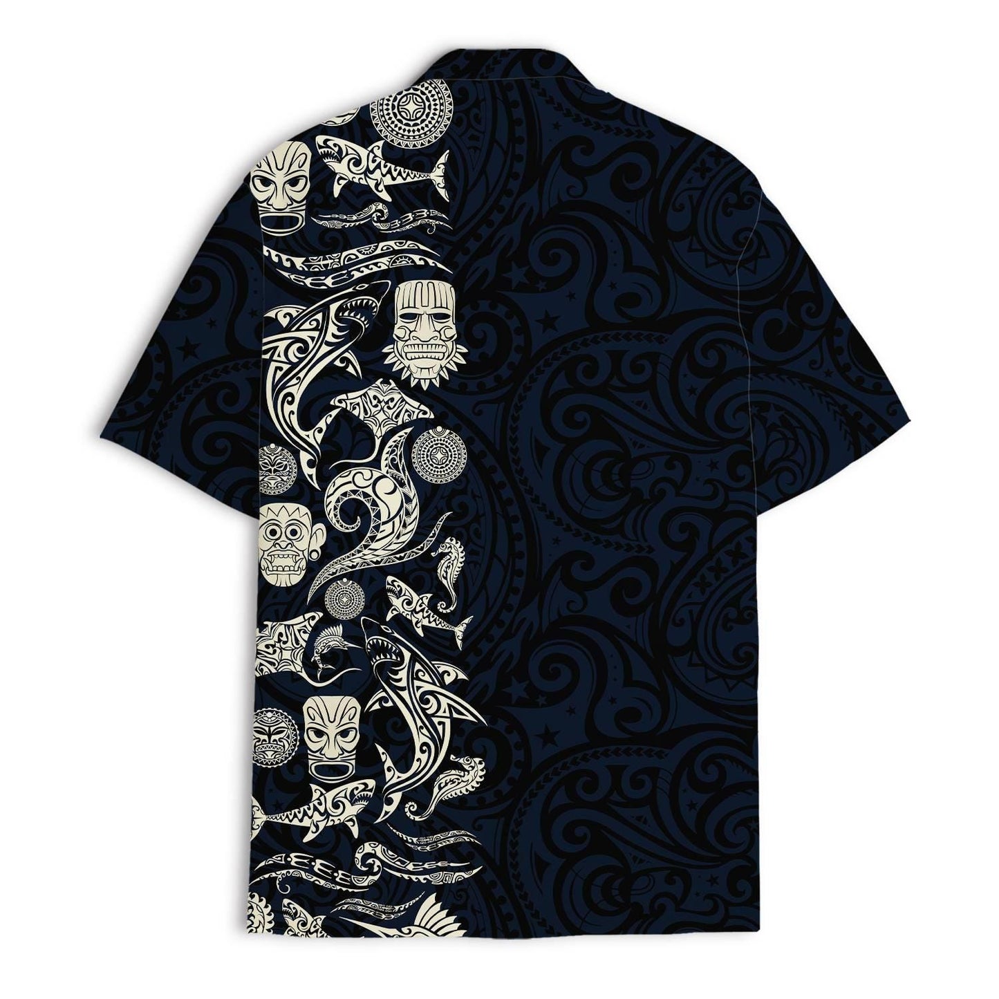 Back view of dark blue Hawaiian shirt with tonal swirl pattern and mask panel
