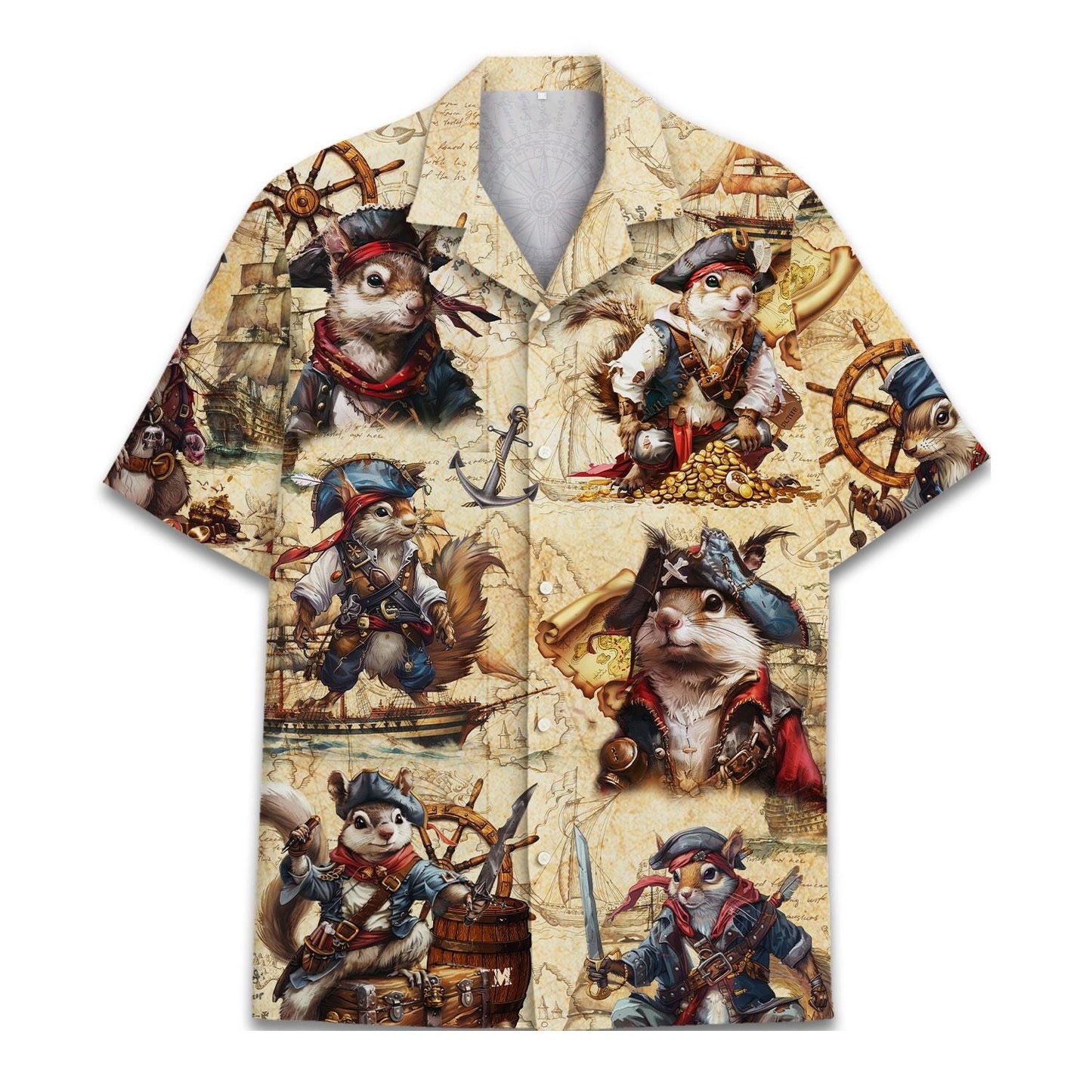 Pirate cat Hawaiian shirt with nautical map and ship wheel print
