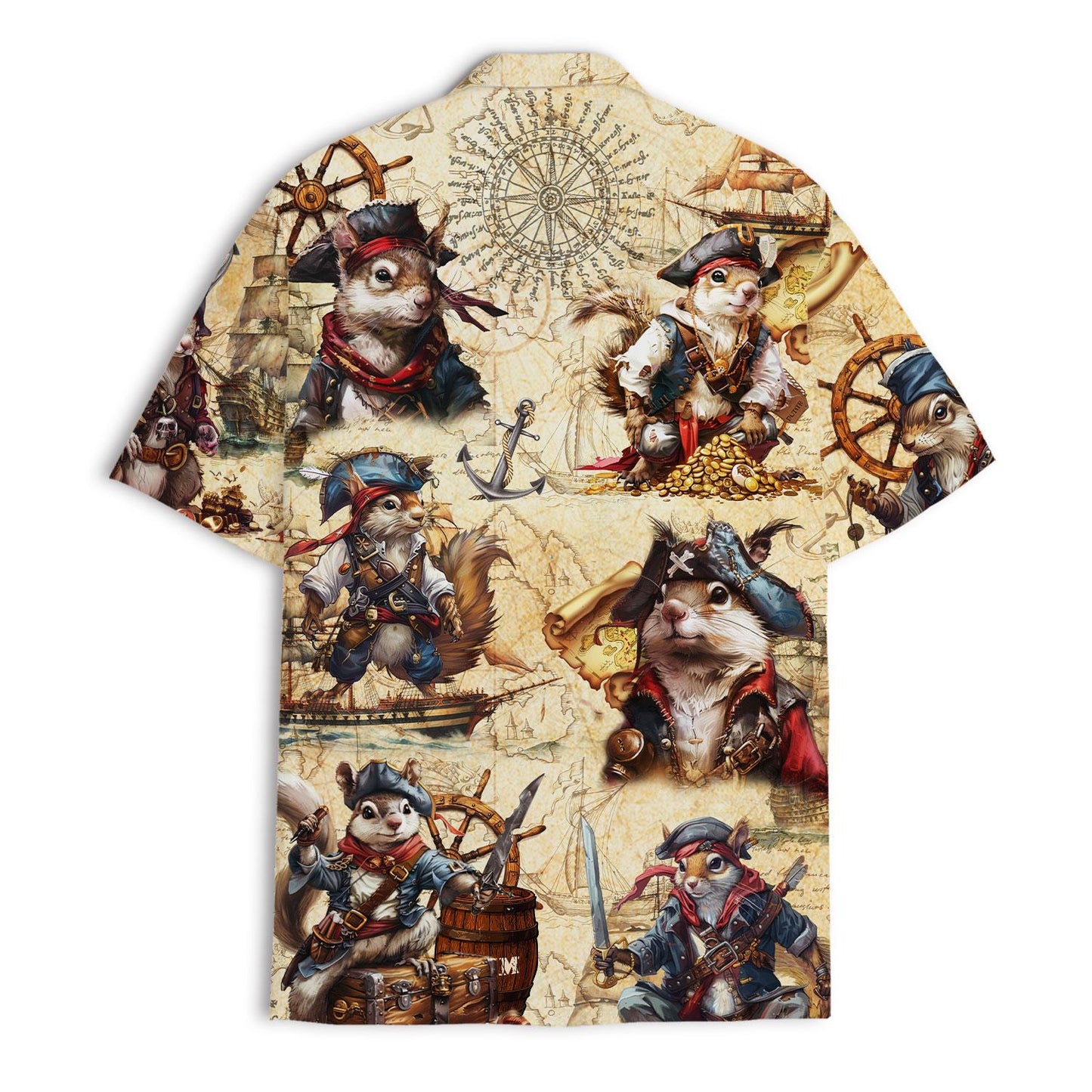 Pirate cat shirt displayed with repeated nautical feline print