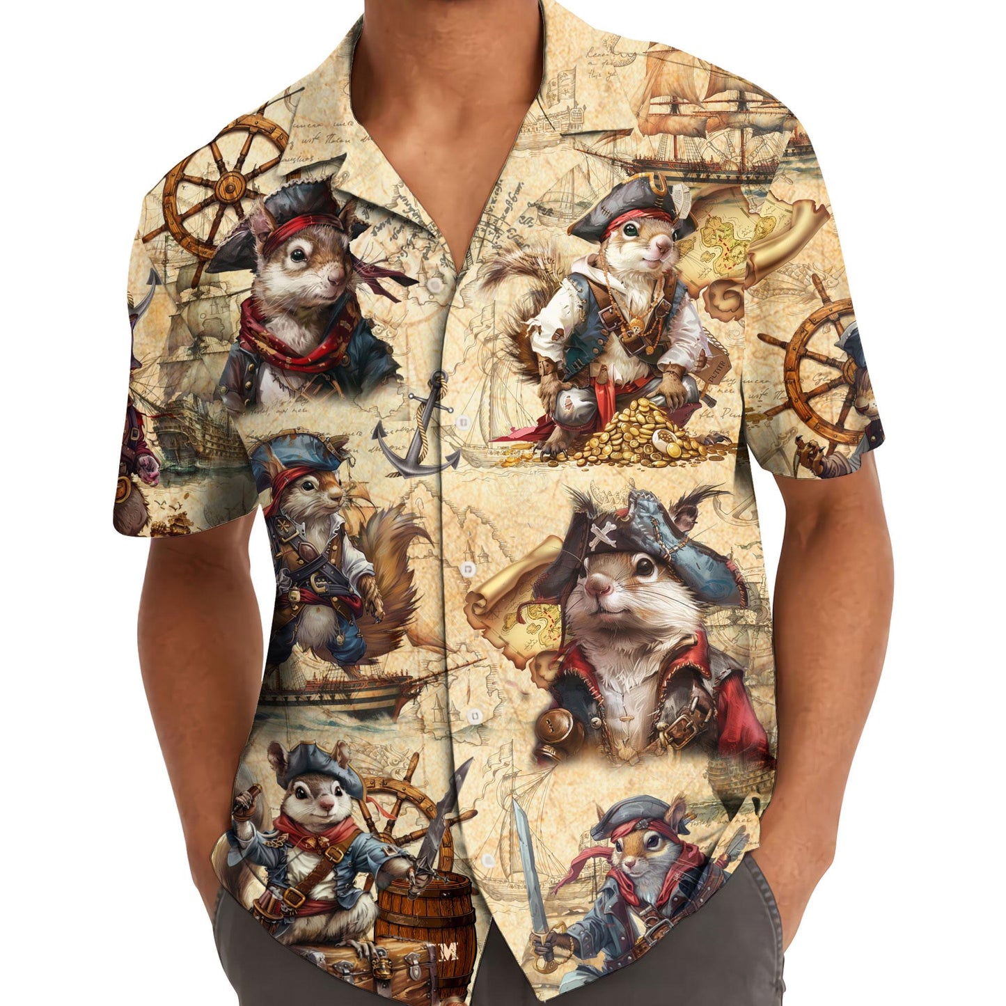 Person wearing pirate cat Hawaiian shirt outdoors