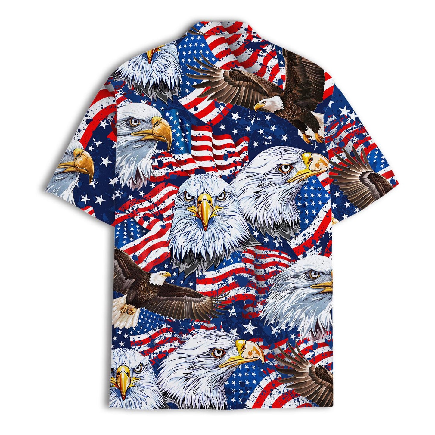 Front view of red white and blue eagle Hawaiian shirt