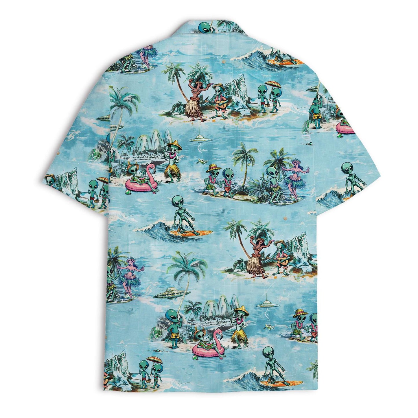 Back view showing the all-over alien island and ocean print