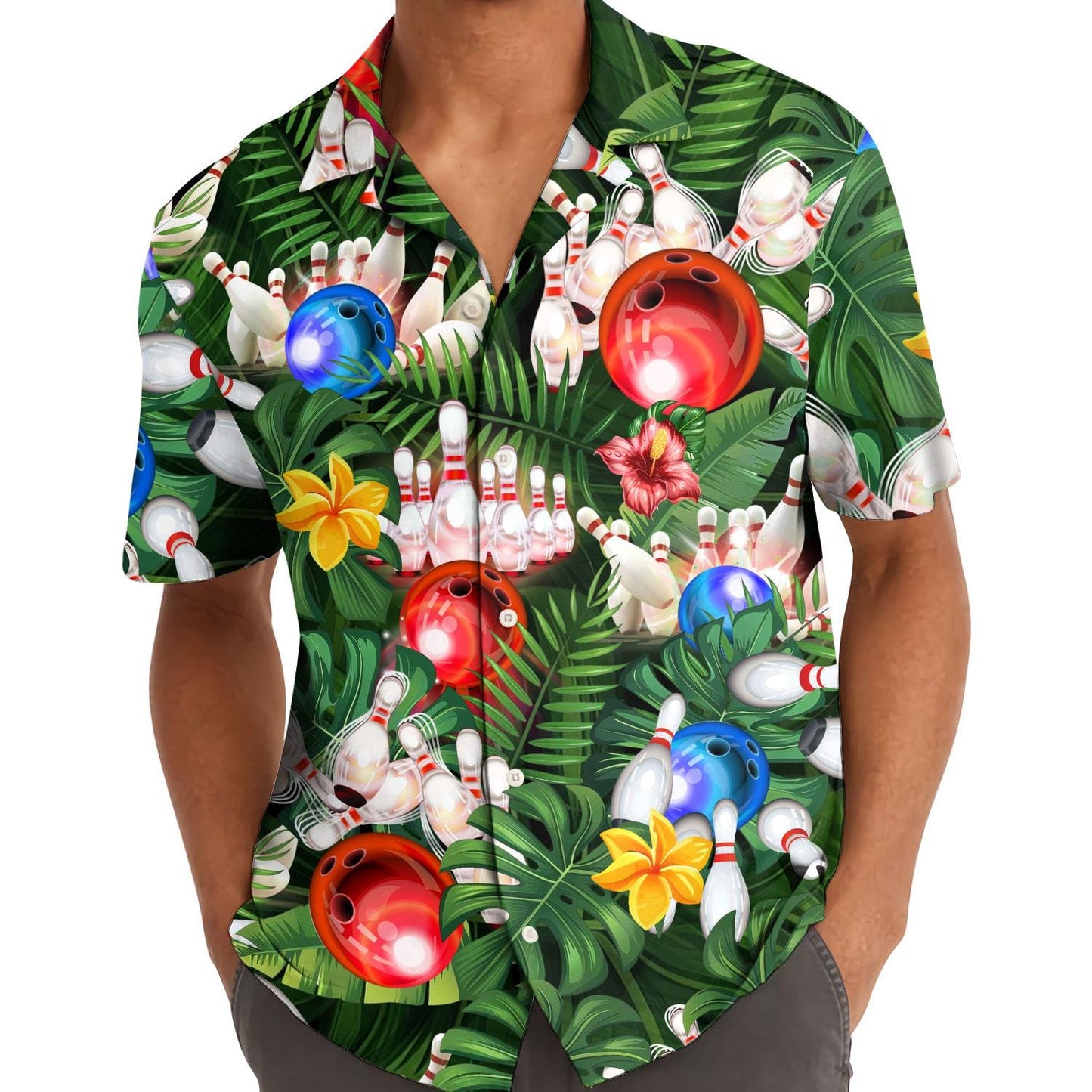Person wearing a tropical bowling Hawaiian shirt outdoors