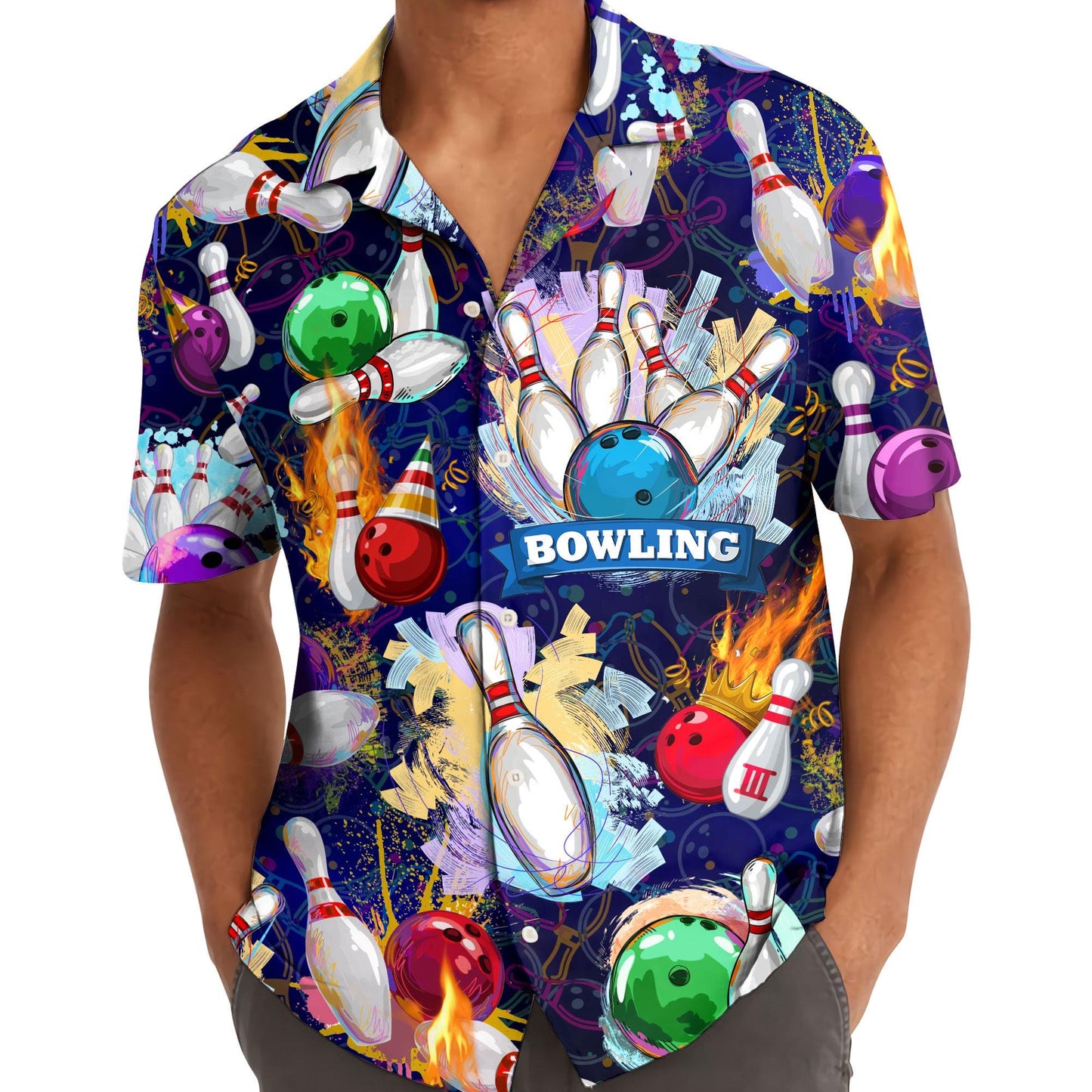 Model wearing colorful bowling Hawaiian shirt
