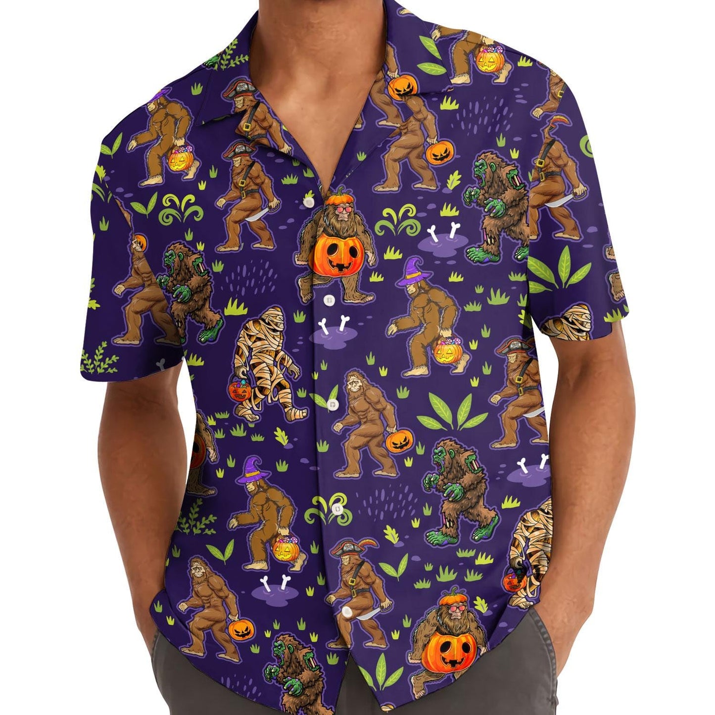 Model wearing the purple Bigfoot Halloween Hawaiian shirt with an open neckline