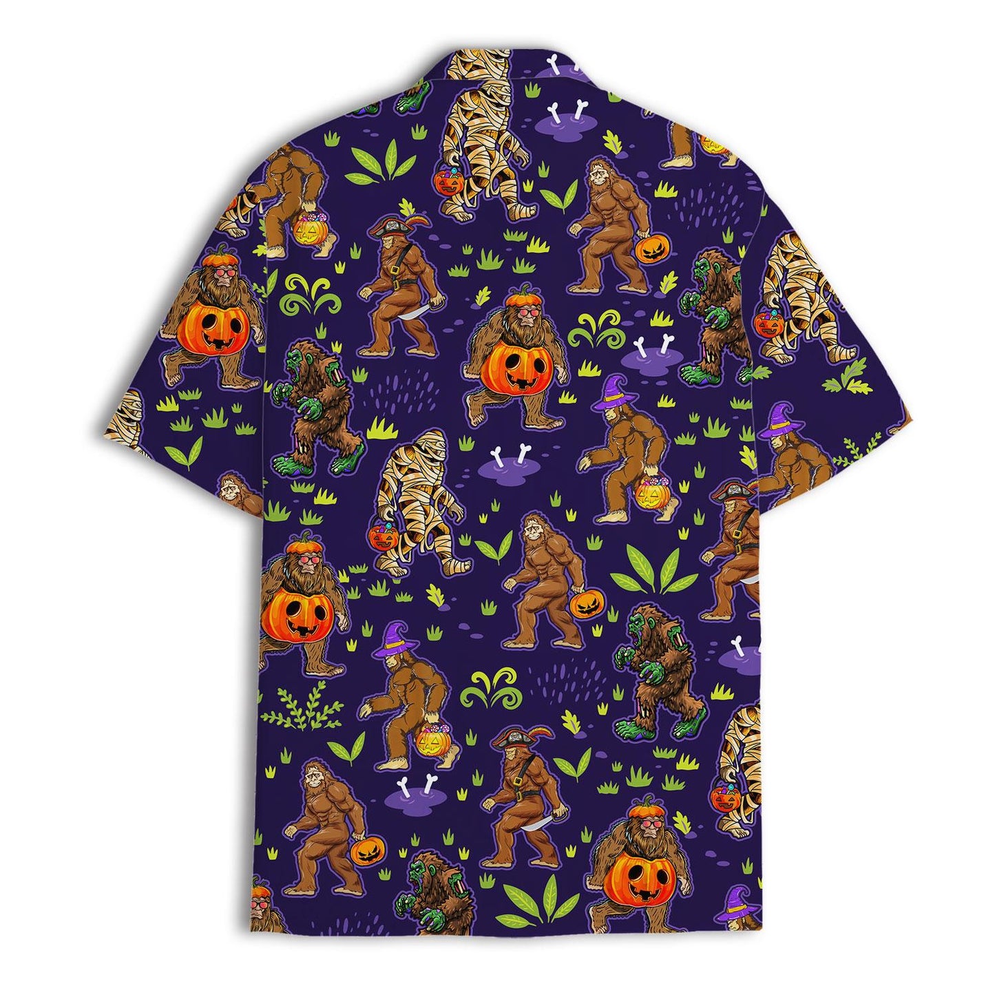 Back view of the purple Halloween Hawaiian shirt featuring an allover Bigfoot and pumpkin pattern