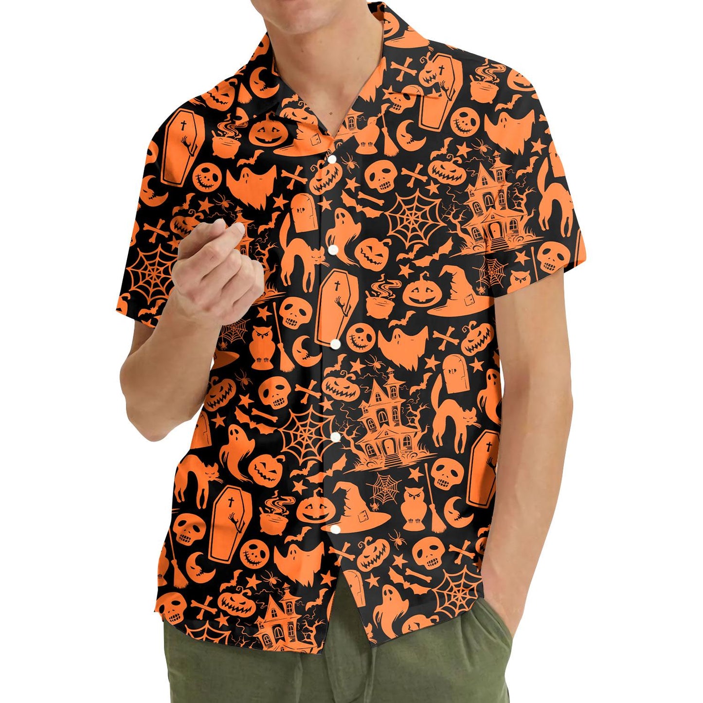 Model wearing orange and black Halloween Hawaiian shirt outdoors