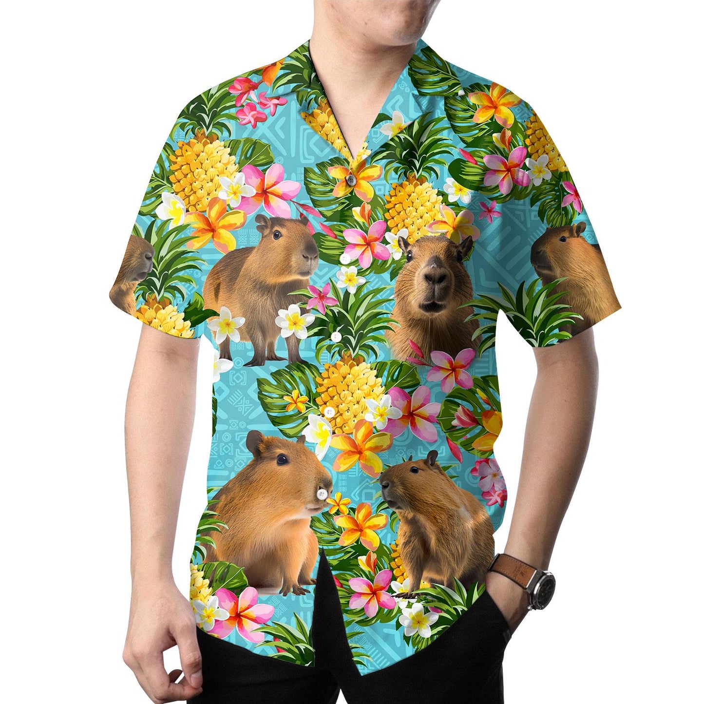 Model wearing a capybara Hawaiian shirt with a tropical floral print