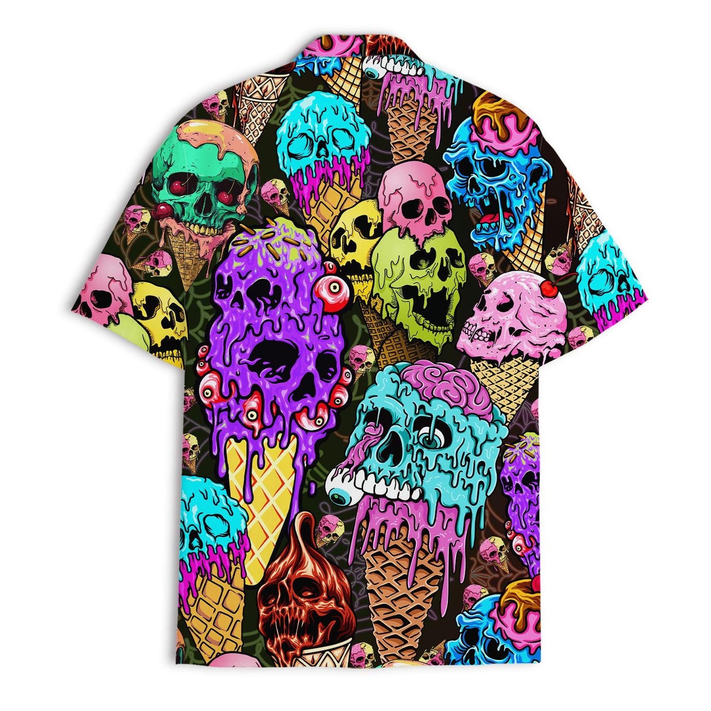 Back view of the colorful skull ice cream Hawaiian shirt