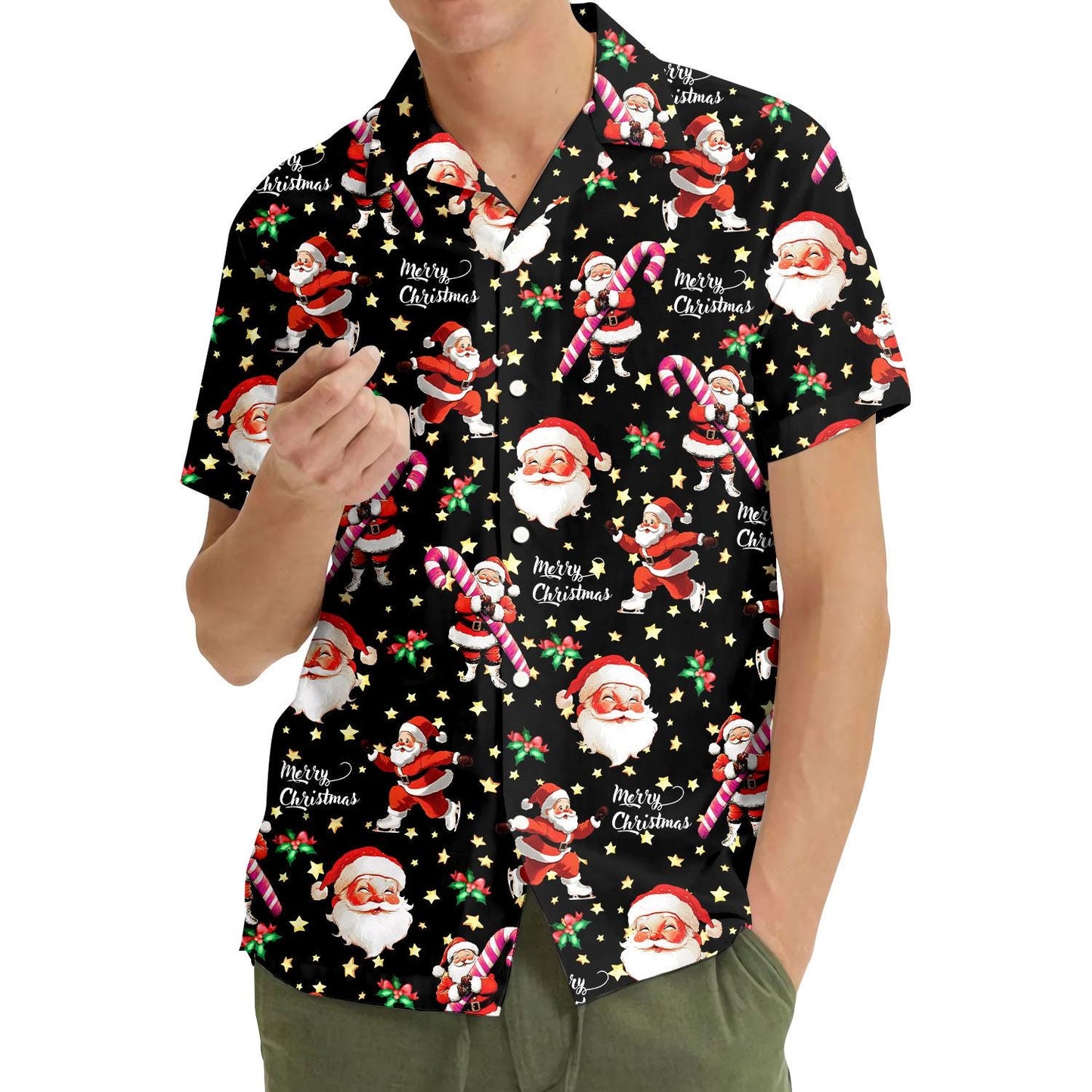 Model wearing a black Santa and candy cane Christmas shirt