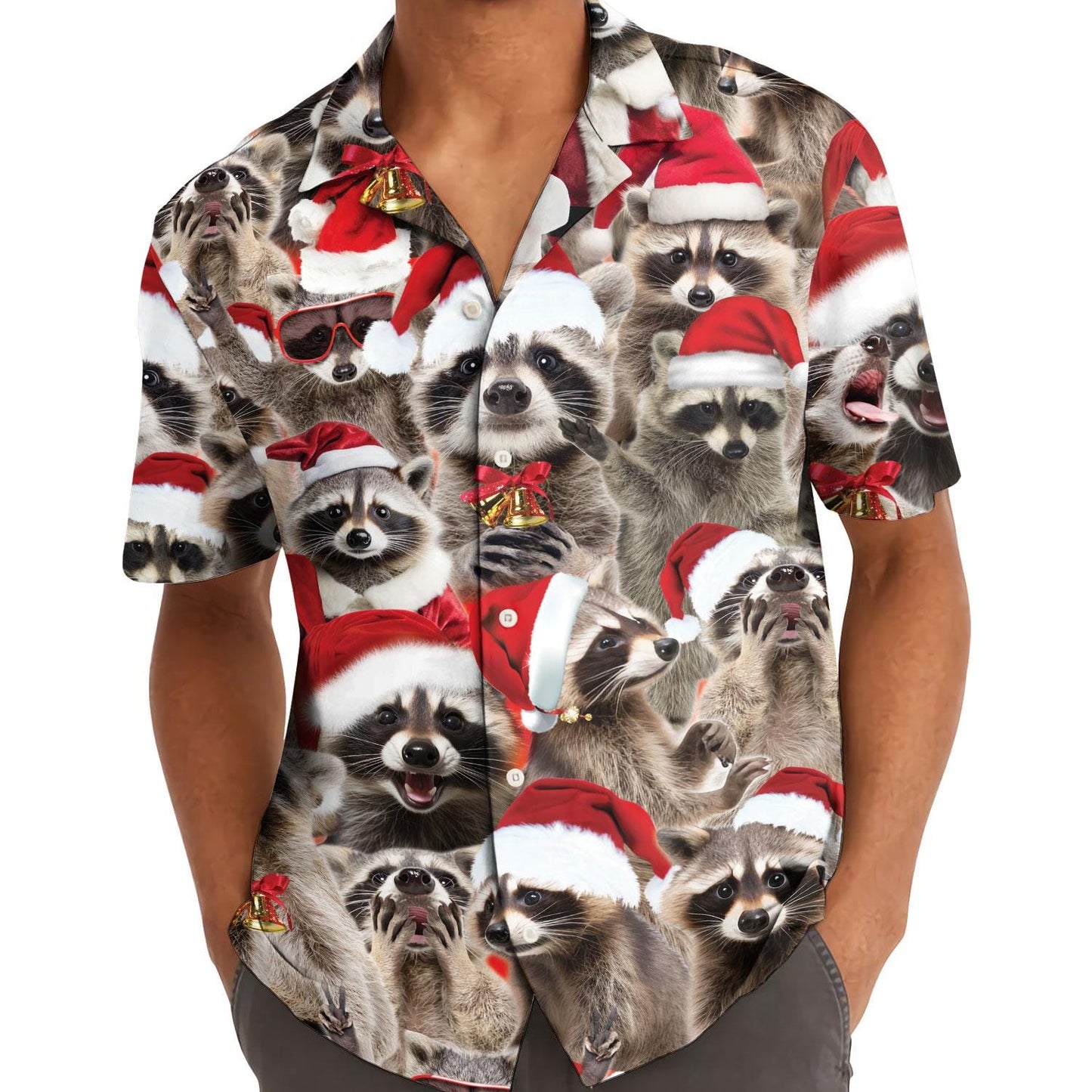 Model wearing Christmas raccoon Hawaiian shirt outdoors