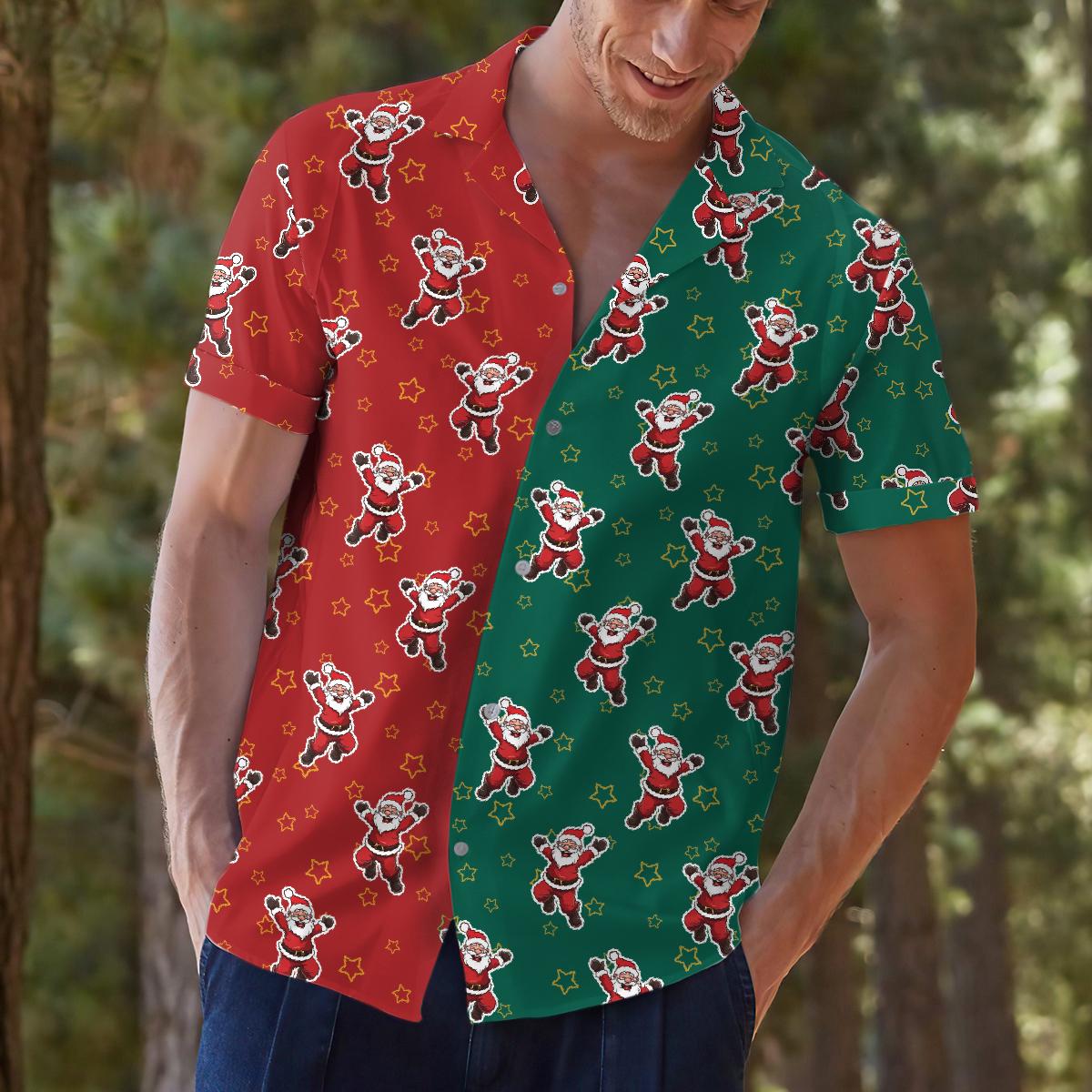 Lifestyle view of men's Santa holiday Hawaiian shirt outdoors