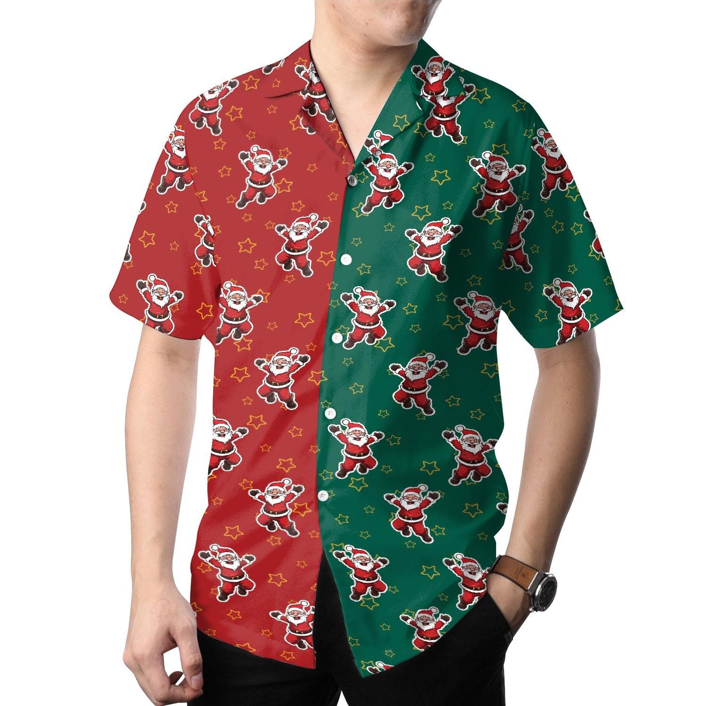 Model wearing red and green Santa Christmas Hawaiian shirt