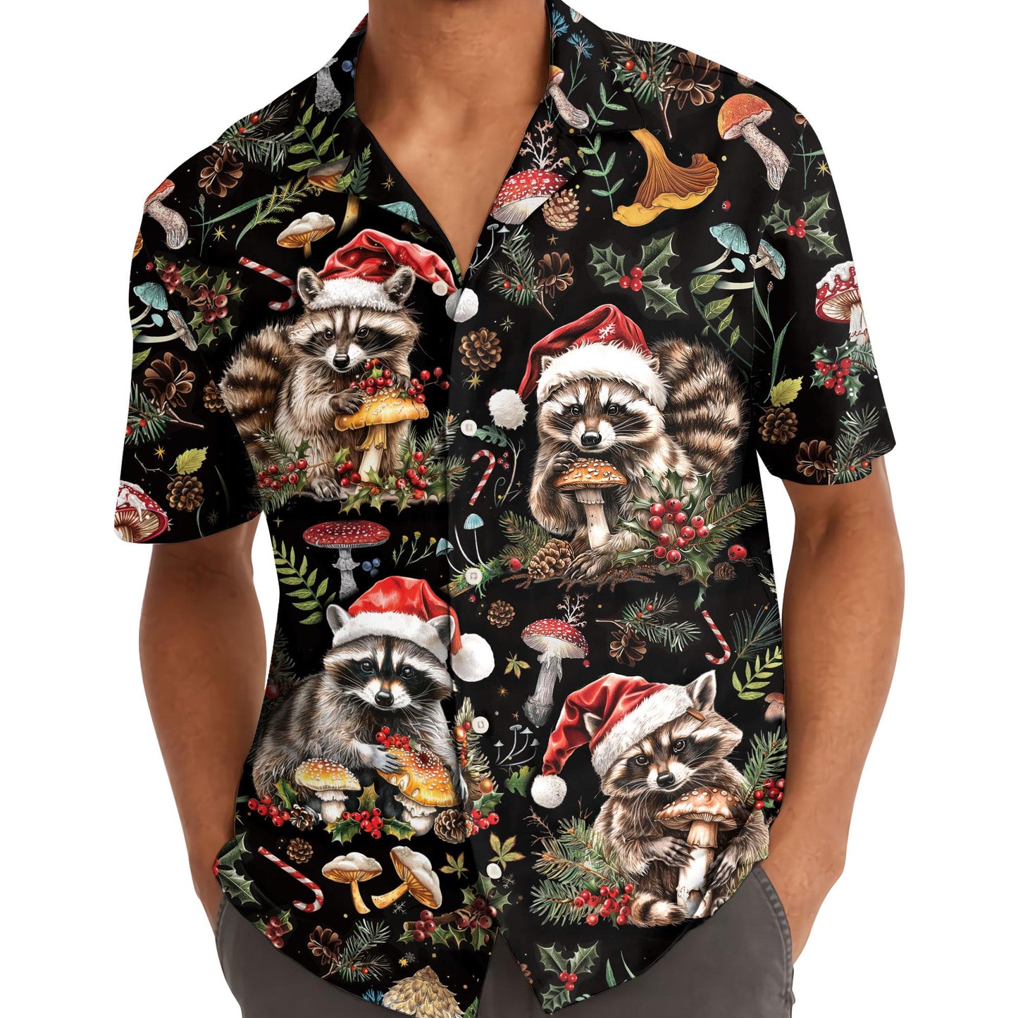 Model wearing a short sleeve Christmas raccoon Hawaiian shirt