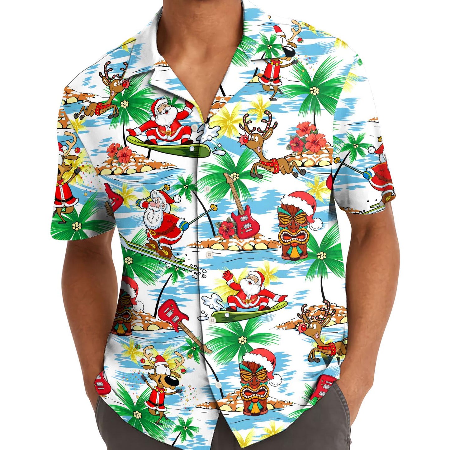 Model wearing tropical Christmas Hawaiian shirt outdoors