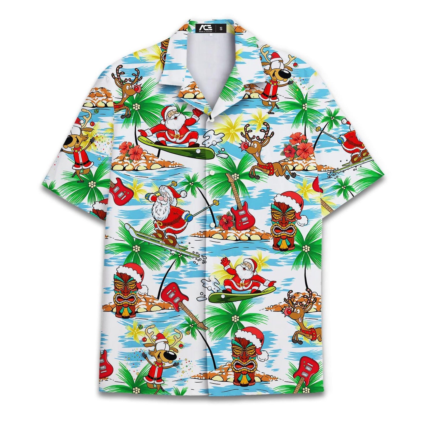 Front view of tropical Christmas Hawaiian shirt with Santa, reindeer and palm tree print