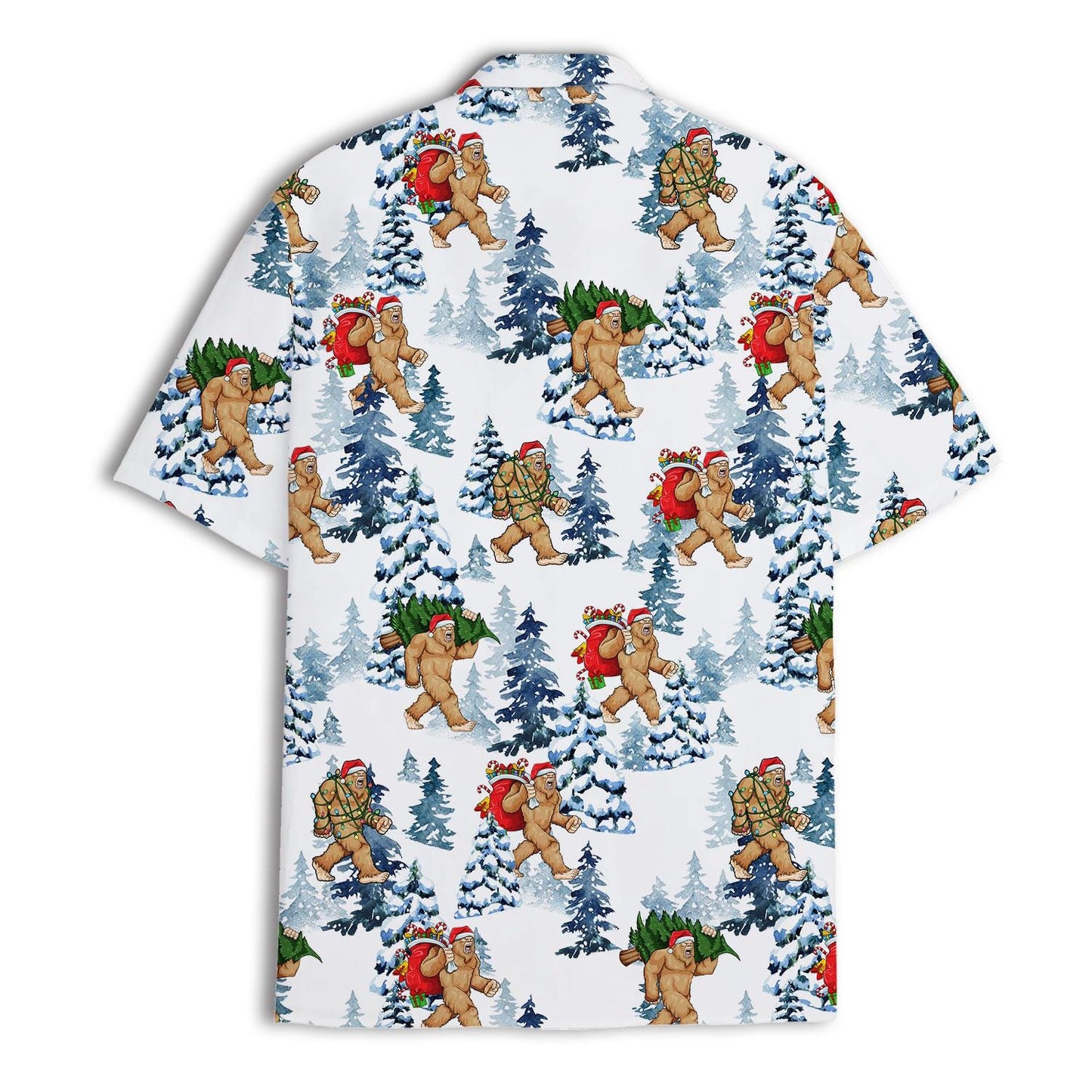 Back view of an all-over Christmas Bigfoot and snowy forest Hawaiian shirt