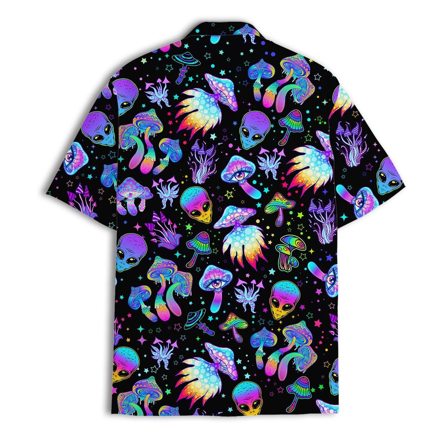Back view of neon psychedelic Hawaiian shirt with space-inspired motifs