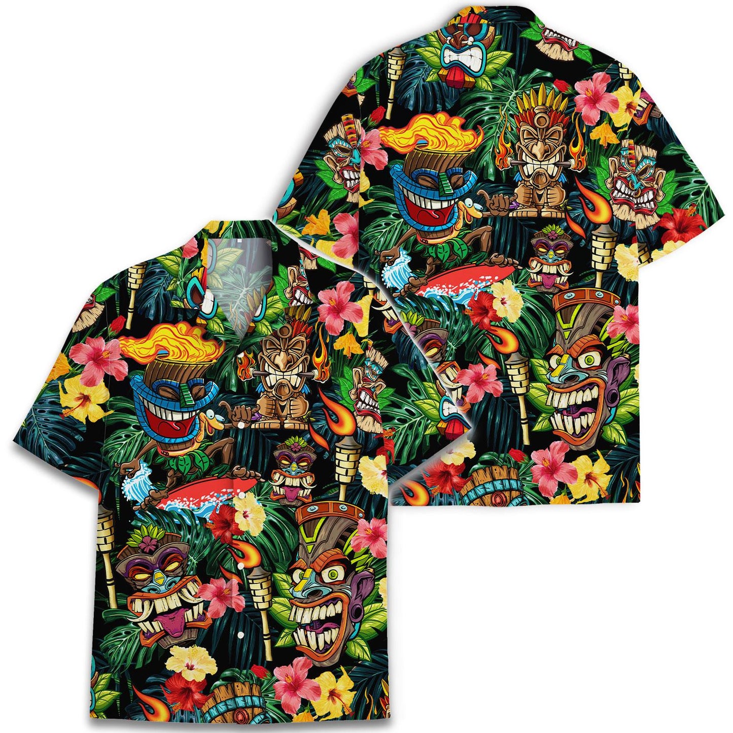 Front and back views of tiki print Hawaiian shirt with tropical flowers and lush foliage
