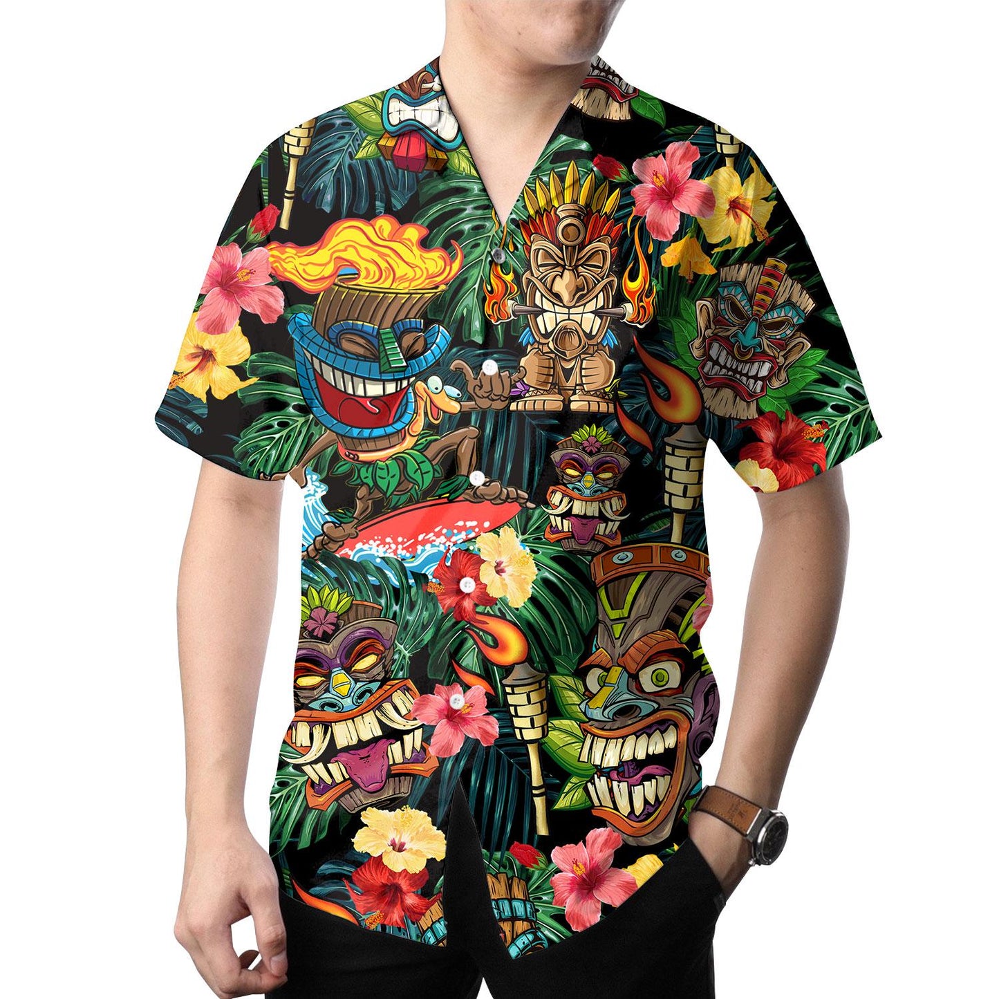 Person wearing colorful tiki mask Hawaiian shirt with tropical floral artwork